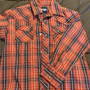 Wrangler Boys Vibrant Red and Black Plaid Shirt pearl snaps